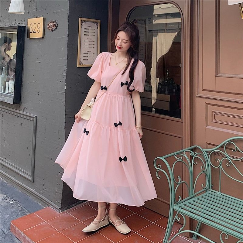 hot-sale-ชุดเดรสแขนพัฟผีเสื้อสีบริสุทธิ์-หญิงออกแบบความรู้สึกฤดูร้อนใหม่สไตล์อ่อนโยนอารมณ์ชุดรักแรก