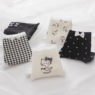 สินค้า HappyThai กางเกงชั้นในสไตล์ญี่ปุ่นเรียบง่ายโทนสีขาวดำ สกรีนลายแมวเหมียวผ้าฝ้าย เหมาะสำหรับผู้หญิงชอบความน่ารัก