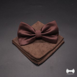 เซ็ทหูกระต่ายสีน้ำตาลลายในตัว + ผ้าเช็ดหน้าสูทSuede-Wool Brown Bowtie + Suede Pocket square Set