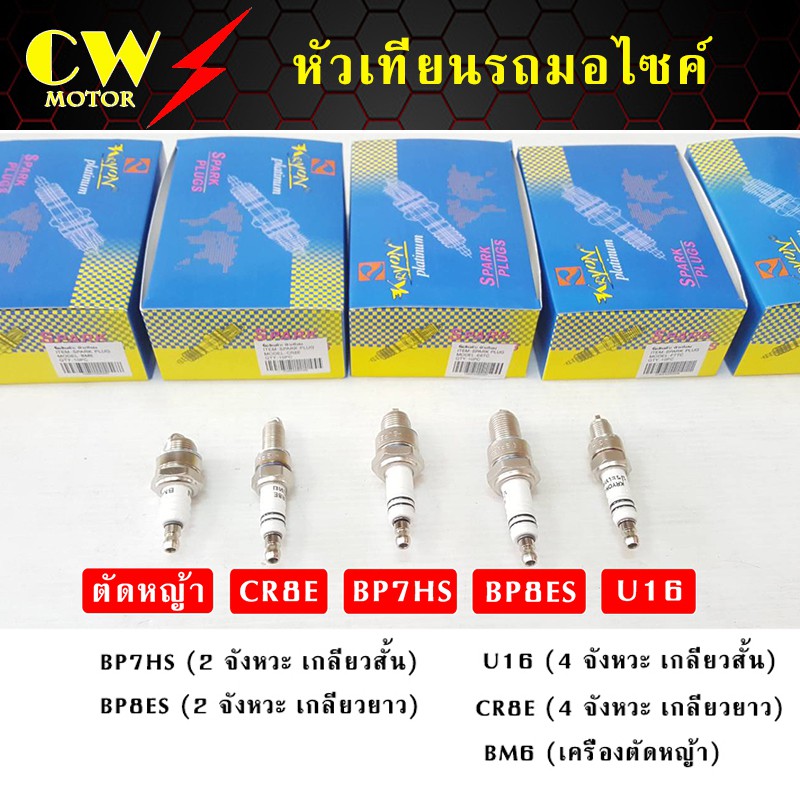 หัวเทียนรถมอเตอร์ไซค์-หัวเทียนเครื่องตัดหญ้า-u16-c7hsa-cr8e-bp7hs-bp8es-bm6