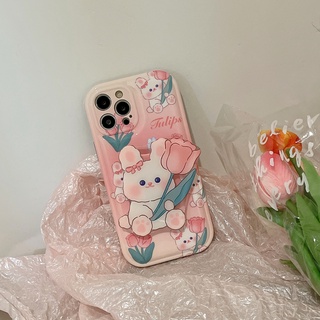 เคส สำหรับ ไอโฟน เคสซิลิโคน เคสซิลิโคน 13 promax เคสนิ่ม เนื้อซิลิโคน สำหรับ iPhone 11 12 ไอริงกระต่ายทิวลิป+เคส TPU-S
