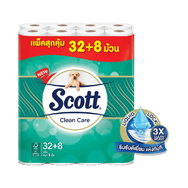 สก๊อตต์® คลีนแคร์ กระดาษชำระ หนา 3 ชั้น แพ็ก 32+8 ม้วน รวม 40 ม้วน SCOTT Clean care Toilet Tissue 3 Ply 32+8 Rolls