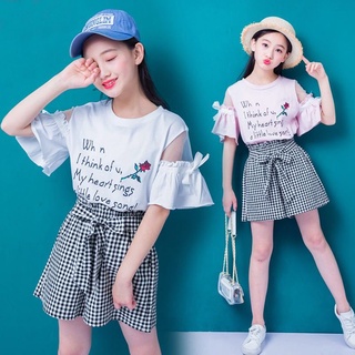 ☇☍สาวฤดูร้อนชุด 2022 ใหม่เด็กขนาดกลางและขนาดใหญ่ 11 สไตล์ตะวันตก 12 สาวฤดูร้อนเสื้อผ้ากางเกงขาสั้นแขนสั้น 13 ปี