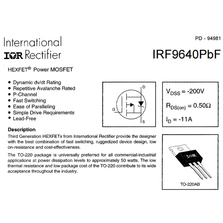 (2 ชิ้น) มอสเฟท (MOSFET) IRF9640PbF IRF9640 (-200V -11A) P channel TO ...