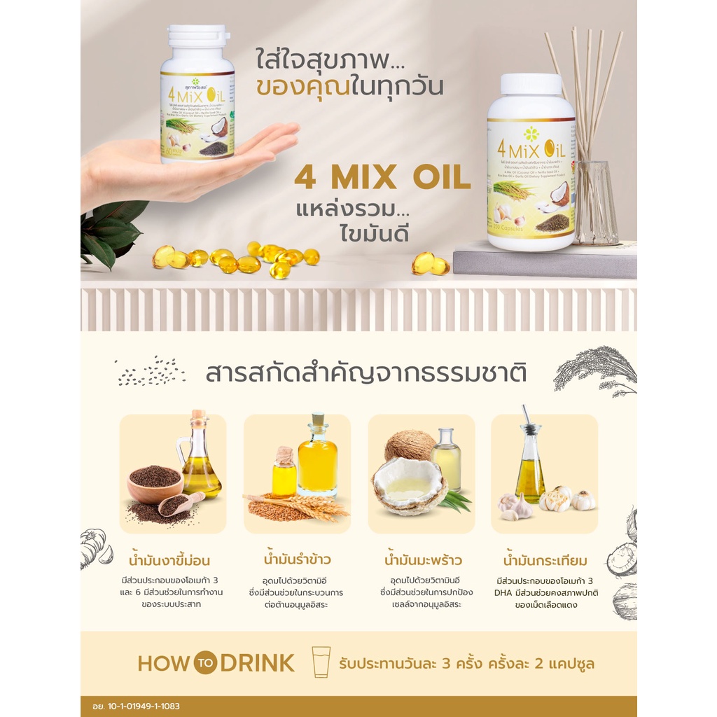 ภาพสินค้าสุภาพโอสถ 4 Mix Oil โฟร์ มิกซ์ ออยล์ น้ำมันสกัดมะพร้าว, รำข้าว, งาขี้ม้อน, กระเทียม 60 แคปซูล 1 กระปุก จากร้าน suphap_osod_official บน Shopee ภาพที่ 3