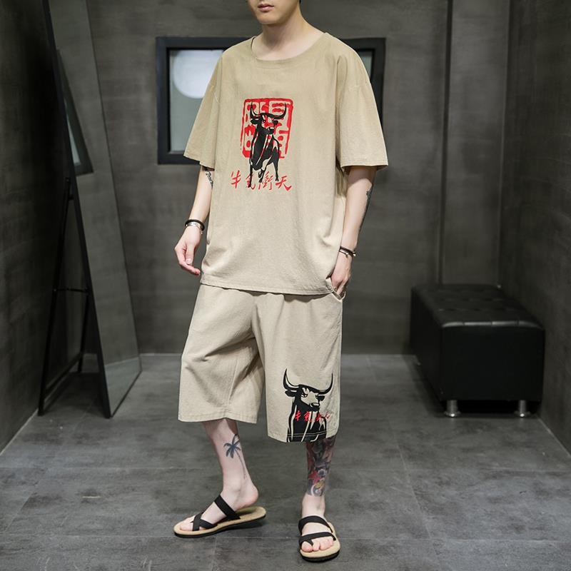 ผ้าลินินสูทผู้ชายฤดูร้อนสไตล์จีน-hanfu-ครึ่งแขนย้อนยุคบางผ้าฝ้ายและผ้าลินินสองชิ้นพิมพ์ผู้ชายแขนสั้นเสื้อยืด