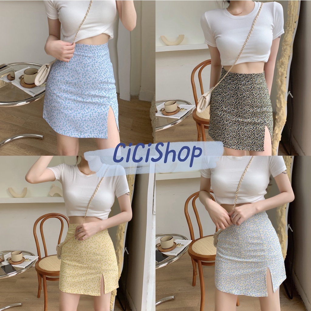 cicishop-q2151-กระโปรงทรงเอลายดอกไม้-แหวกข้าง-สไตล์เกาหลีน่ารักสุดๆ