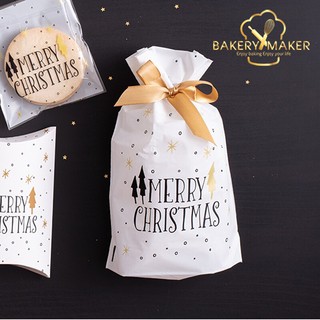 Xmas ถุงพลาสติกโบว์รูด แพ็คละ 10 ใบ / หูเชือก มีเชือกรูด ของขวัญ Christmas Cookie Bags