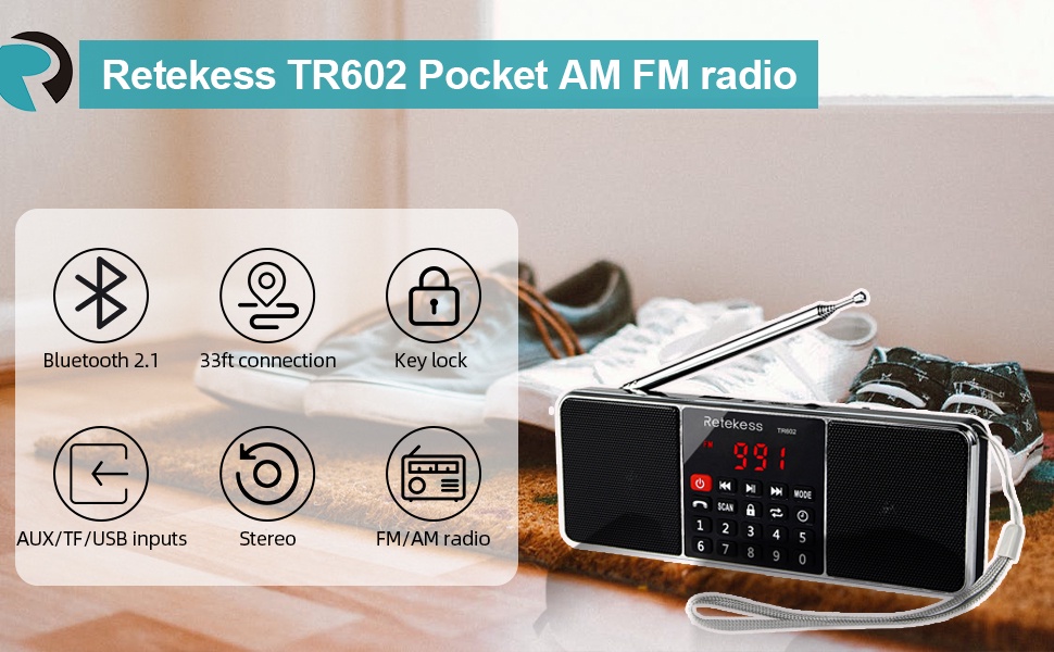 ภาพประกอบของ Retekess วิทยุสเตอริโอ TR602 พร้อมเครื่องเล่น MP3 ไร้สาย รองรับการ์ด TF USB จอแสดงผล LED แบบพกพา (สีดํา)