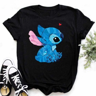 เสื้อผ้าผชใหม่ เสื้อยืดลําลอง แขนสั้น พิมพ์ลายกราฟฟิคการ์ตูน lilo stitch สีดํา สําหรับสตรีS-5XL