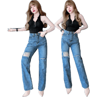 Cc jeans 070 S-5XL กางเกงยีนส์ผู้หญิง ทรงกระบอก เอวสูง แต่งขาด กางเกงผู้หญิง