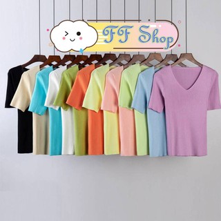 FF.shop-🔥22สี ไหมพรมคอวี 🔥เสื้อยืดคอวีสีพื้น ผ้าไหมพรม Free Size เสื้อยืดผู้หญิง #9966