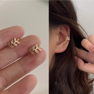 1 Pair Women Gold-plated Leaf Clip Earrings Zircon Titanium Steel Earring Fashion Jewelry