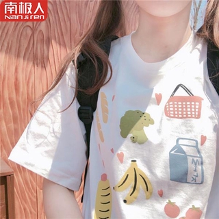 ผ้าฝ้ายแอนตาร์กติกแขนสั้นสีขาวนักเรียนหญิงเกาหลีหลวมฤดูร้อนผลิตภัณฑ์ใหม่chicเสื้อยืดพิมพ์ลายญี่ปุ่น