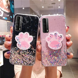 Ready เคสโทรศัพท์ Huawei Y7a New Casing Phone Case Transparent Bling Soft Cover With Cat Claw Bracket Stand Holder Cover HuaweiY7a