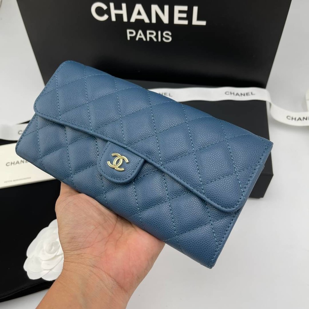 chanel-wallet-ใบยาว-หน้าคลาสสิค-สีฟ้าอมเขียว-grade-vip-size-19-cm-อปก-fullboxset