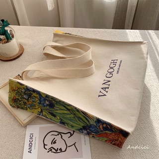 กระเป๋าผ้าใบ。 Andcici Museum Van Gogh Blue Flower Irises Oil Painting Bag Bag Womens Big Shopping Bag กระเป๋านักเรียน