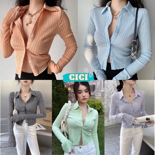 cici(NO.Y2177)เสื้อแขนยาวคอปกลายทาง กระดุมหน้า เข้ารูป ทรงสวยมาก  สไตล์เกาหลี