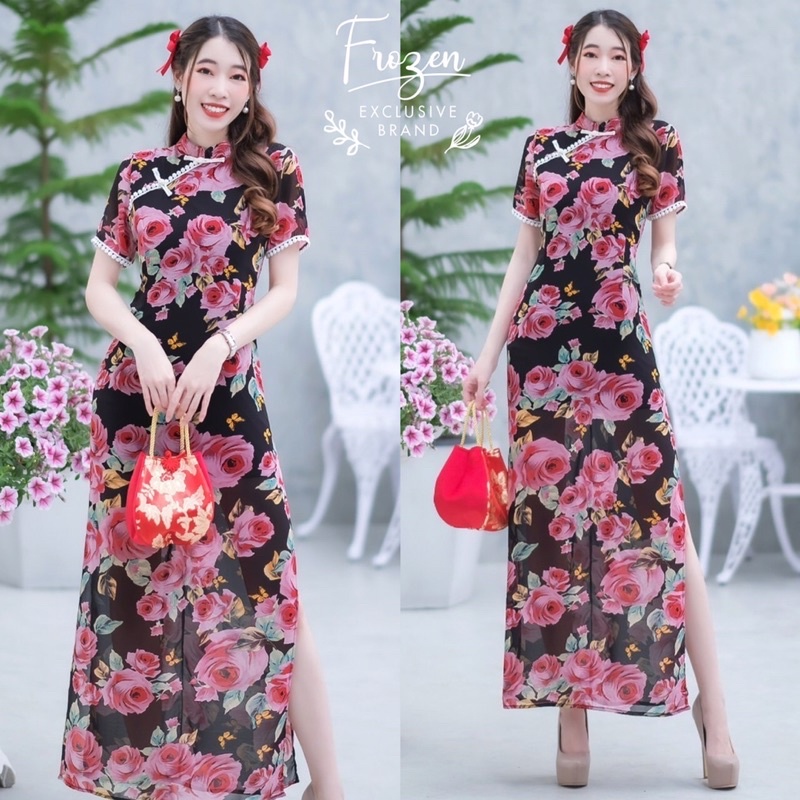 ชุดเดรสกี่เพ้าแขนสั้น-ทรงสอบ-ผ้าซีฟองมีซับในหน้าหลังมีซิปหลัง-แต่งรอบแขนด้วยลูกไม่ใส่รับตรุษจีนเลย