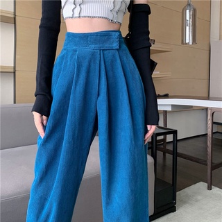 New&amp;Hot💖Corduroy เอวสูงขากว้างกางเกงลำลองผู้หญิงอินเทรนด์หลวมกางเกงยาวสีฟ้า