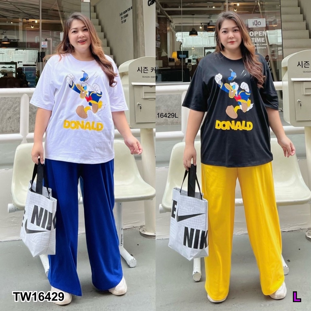 tw16429-bigsize-new-arrival-oversize-set-เสื้อยืดแขนสั้นทรง-oversize-สกรีน-มาพร้อมกางเกงขายาวทรงปล่อย-สีสันสดใส