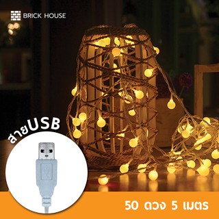 BRICK HOUSE ไฟเชอรี่แบบ USB 50 ดวง 5 เมตร / ไฟแต่งห้อง ไฟประดับเต๊นท์ ไฟปิงปอง Christmas lights LED (แสงวอร์มไวท์)