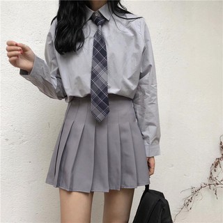 🔥Hot Sale แฟชั่นเกาหลีชุดลำลองฤดูร้อนเสื้อคอปกแขนยาวเอวสูงจีบกระโปรงสั้นสองชิ้นหญิง