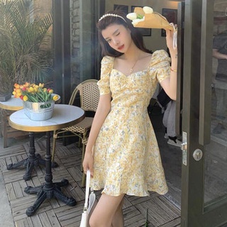 🔥Hot Sale/🌻💞2022 New First Love Floral Dress French Square Neck A-Line Oil Painting Wind Waist Puff Sleeve Dress