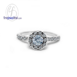 Finejewelthai-แหวนอะความารีน-แหวนเพชรCZ-แหวนเงินแท้-พลอยประจำเดือนเกิด-Aquamarine-Silver-Ring-Birthstone-R1295aq