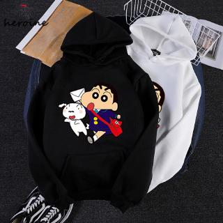 【PPร้านแฟชั่น】เสื้อผ้าคู่ผู้หญิงเก๋ไก๋ชินจังพิมพ์แขนยาวเสื้อกันหนาวหมวกคลุมด้วยผ้าขนาดใหญ่ใหม่