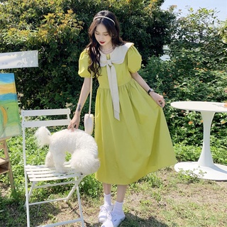 💛 S-2XL แฟชั่นสีเขียวความคมชัดสีตุ๊กตาปกฟองแขนสั้นชุดการออกแบบใหม่เอวอารมณ์กลางความยาวกระโปรง