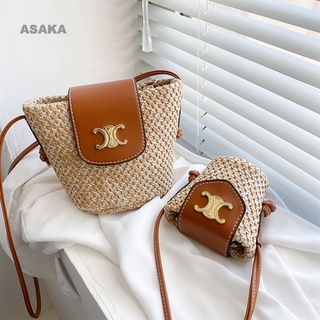 Asaka lisa Ce-line ใหม่ กระเป๋าสะพายไหล่ ทรงบักเก็ต ฟางสาน หรูหรา แฟชั่นฤดูร้อน สําหรับสตรี