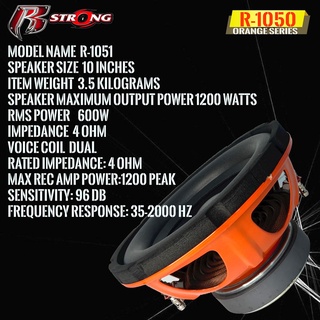 [จัดส่งทันที ]R STRONG รุ่นR-1050 เหล็กปั้มโครงส้ม ORANGE SERIES ซับวูฟเฟอร์รถยนต์ขนาด10นิ้ว 1200 วัตต์ ราคา/1ข้าง