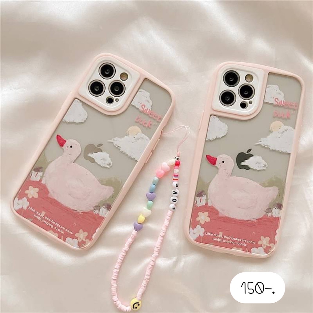 เคสโทรศัพท์-เคสแถมสายห้อง-เคสแถมสายคล้องมือ-เคสแถมสายคล้องแขน-เป็ดชมพู-สาย