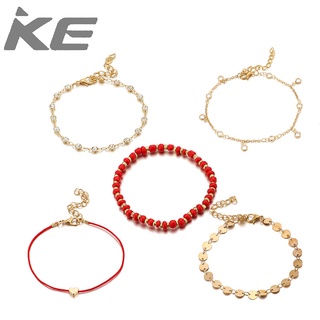 Popular rope rice bead alloy heart-shaped diamond disc five sets of anklets for girls for wom