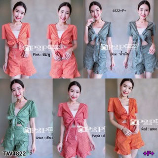 Set 2 ชิ้น เสื้อลายไทยผูกโบว์ข้างหน้า + กางเกงระบาย KP4822