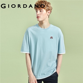 Giordano Men เสื้อแขนสั้นไหล่ตกoversize แบบปลอมสอง แบบถักหน้าอก Free Shipping 33020205 BCFA