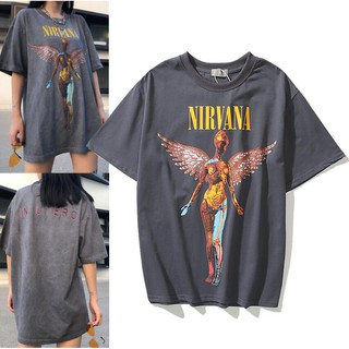 เสื้อยืดผ้าฝ้ายพิมพ์ลายNirvana เสื้อยืดแขนสั้นทรงหลวมสไตล์เรโทร