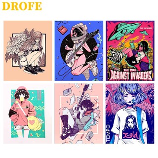 Drofe 【40X50 ซม.】ภาพการ์ตูนเด็กสาวสวยงาม ~ ตัวเลขไม่มีกรอบสําหรับตกแต่งผนังบ้าน