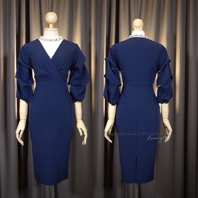 LX4105 เดรสคอวีแขนพอง เนื้อผ้าเกาหลีหรู ใส่ไปงานแต่ง-ออกงาน ไซส์ S-3XL มุมมองที่ 6