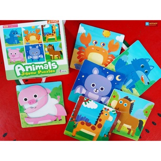 กล่องเขียว จิ๊กซอว์รูปสัตว์ Animals Jigsaw Puzzles 1 กล่อง 6 แผ่น พร้อมคำศัพท์ 3 ภาษา (ใช้ร่วมกับปากกาTalkingpenได้)