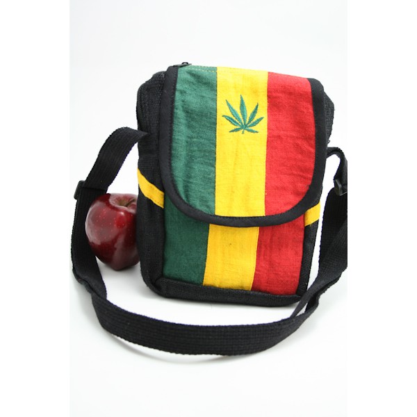 สินค้าราสต้า-bag-hemp-shoulder-cannabis-leaf-velcro-zip-กระเป๋าสะพายราสต้าใยธรรมชาติ-ใส่ของได้-2-ช่อง-ขนาด-6-9-นิ้ว