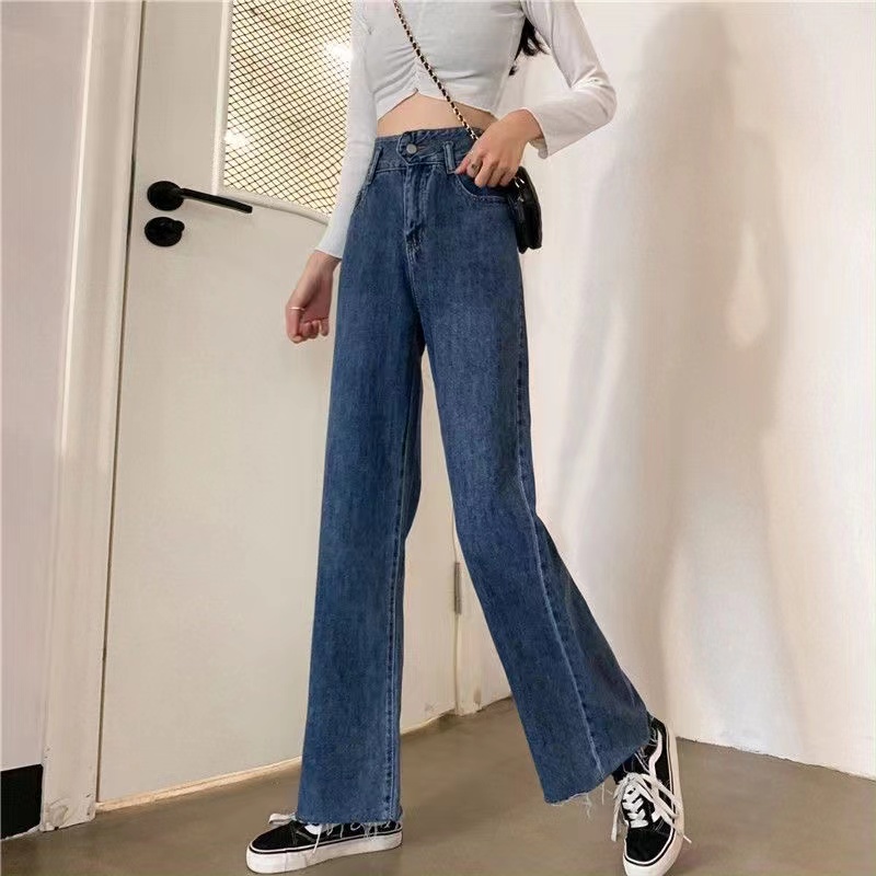 tesco-women-กางเกงยีนส์เอวสูงผู้หญิงหลวมเวอร์ชั่นเกาหลีของนักเรียนใหม่ขอบดิบกางเกงขาตรงบางกางเกงขากว้างบาง