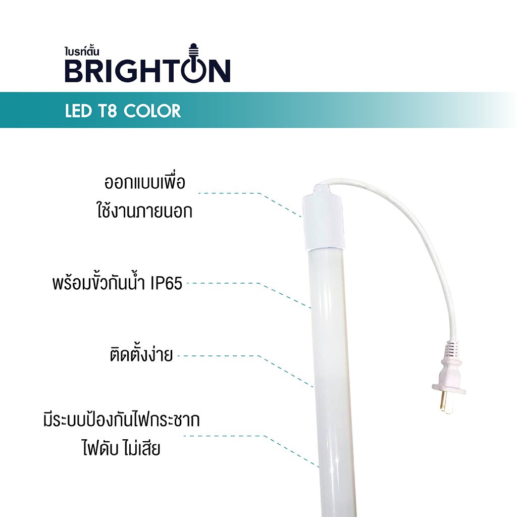 brighton-หลอดไฟสี-ประดับตกแต่ง-ไฟงานวัด-ใช้งานภายนอก-พร้อมขั้วกันน้ำ-ip65-18w-120cm-led-t8-color