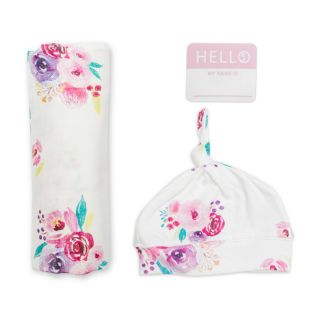 Lulujo ผ้าอ้อมมัสลินคอตตอนแบมบู พร้อมหมวก Bamboo hat and Muslin Swaddle - Posies