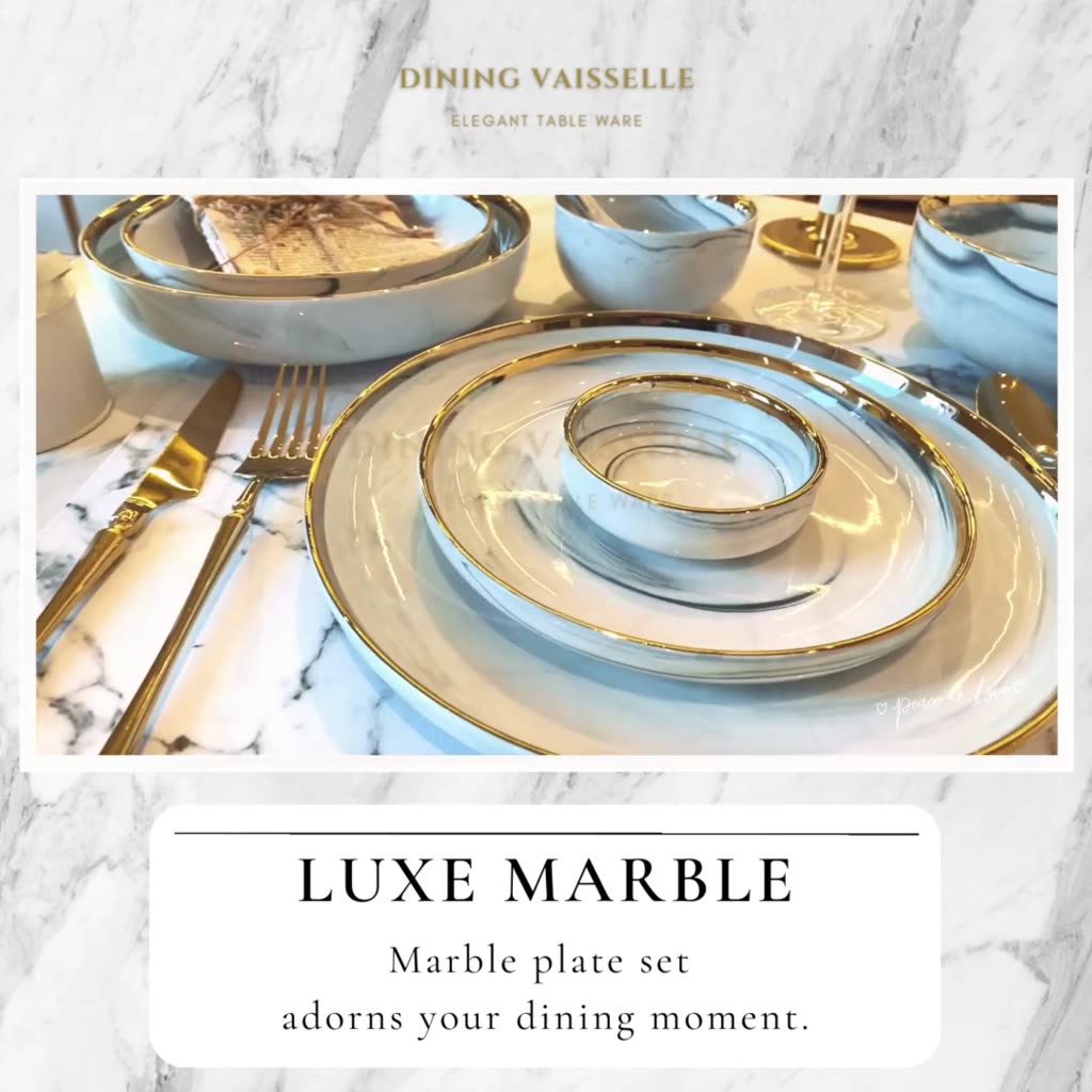 จานชาม-luxe-marble-plate-ลายหินอ่อนขอบทองสุดหรู-รังสรรค์มื้อสำคัญสุดโรแมนติก-อุปกรณ์บนโต๊ะอาหาร