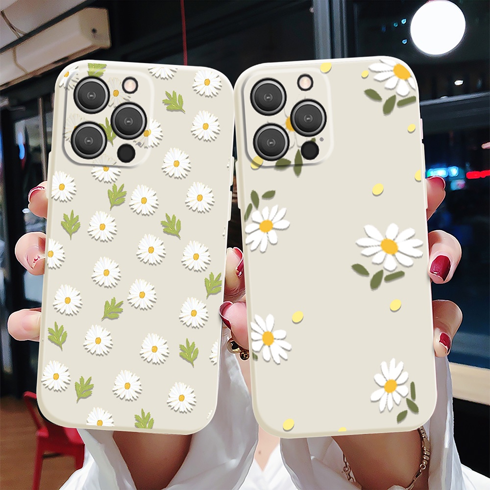 เคสโทรศัพท์มือถือ-ซิลิโคนนิ่ม-ขอบตรง-ลายดอกเดซี่-สีขาว-สําหรับ-iphone-14-pro-max-11-13pro-12