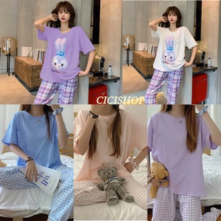 Cicishop(C2255)ชุดนอนเสื้อยืดแขนสั้น+กางเกงลายสก็อต ผ้านิ่มใส่สบาย น่ารักมากๆ