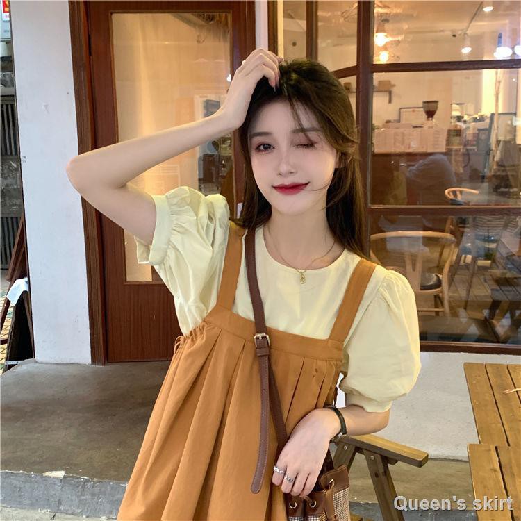 กระโปรงสูทสองชิ้น-เสื้อยืดแขนสั้น-กระโปรง-ชุดสไตล์เกาหลี-ชุดเดรสแขนพอง-เดรสแขนพอง-ชุดเดรสสลิง