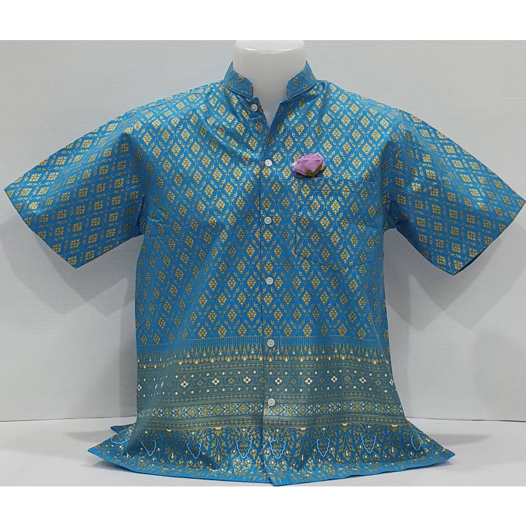 เสื้อลายไทยคอจีน-สีฟ้าพิมพ์ทอง-มีเฉพาะผู้ชาย